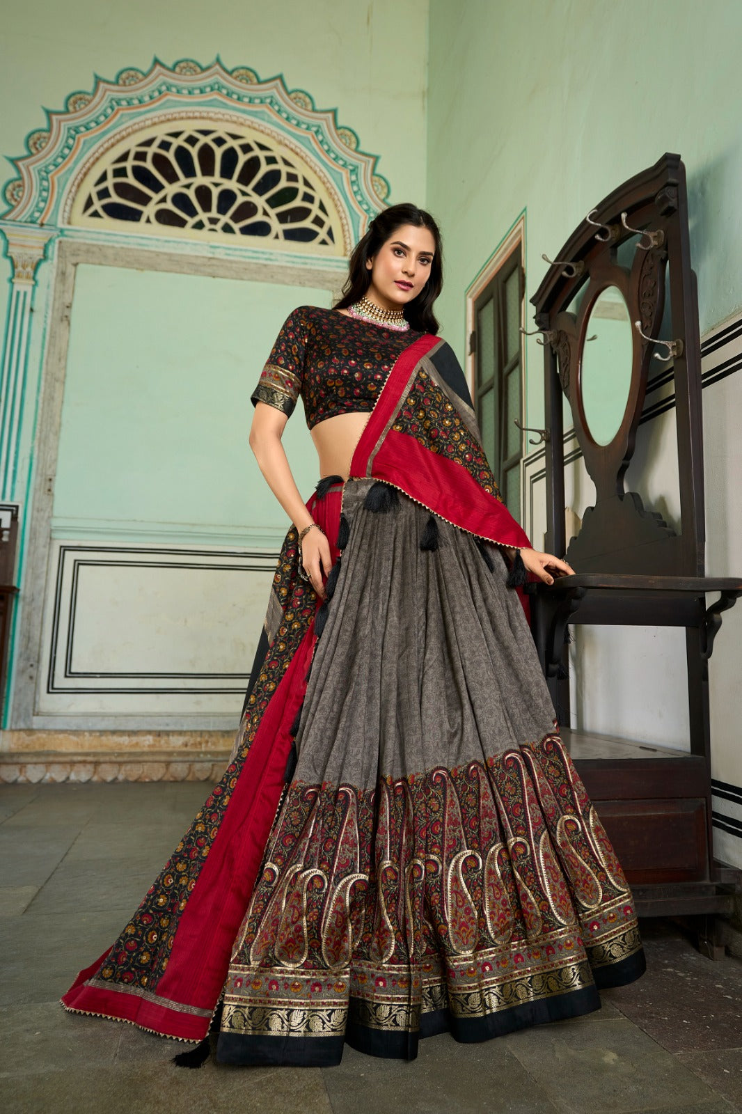 Tussar silk Kashmiri print Grey Colour Lehenga Choli