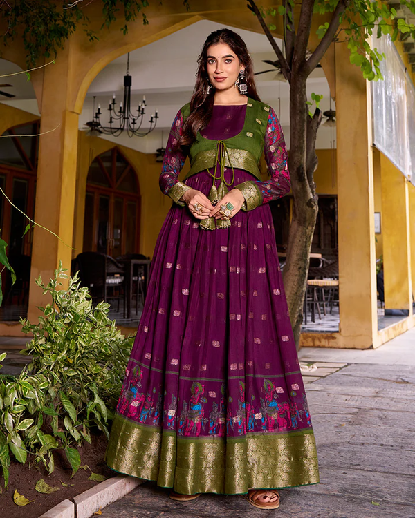 ELEGANT WINE COLOR POLY COTTON GOWN WITH KOTI