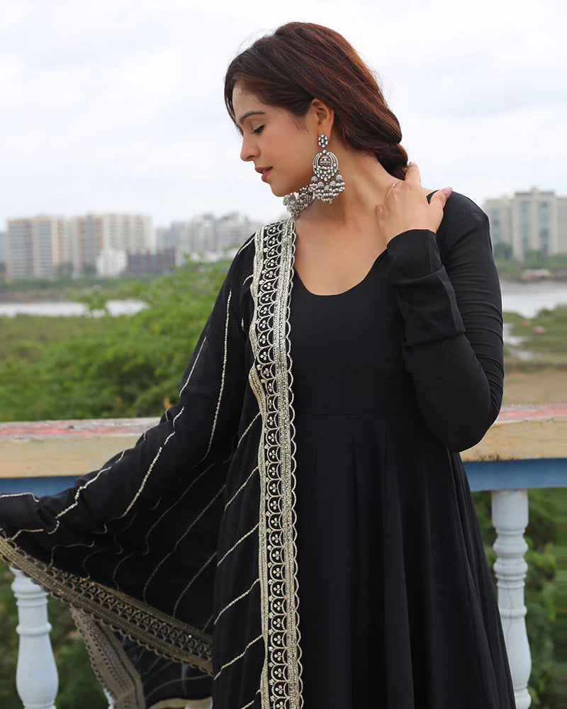 Black Color Georgette Anarkali With Embroidered Dupatta