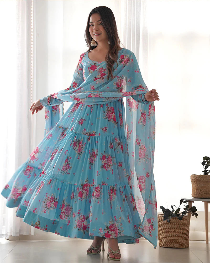 Sky Blue Color Georgette Three Layer Ruffle Style Anarkali Suit