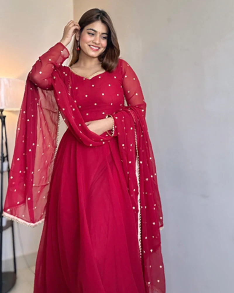 Red Color Georgette Anarkali Three Piece Suit