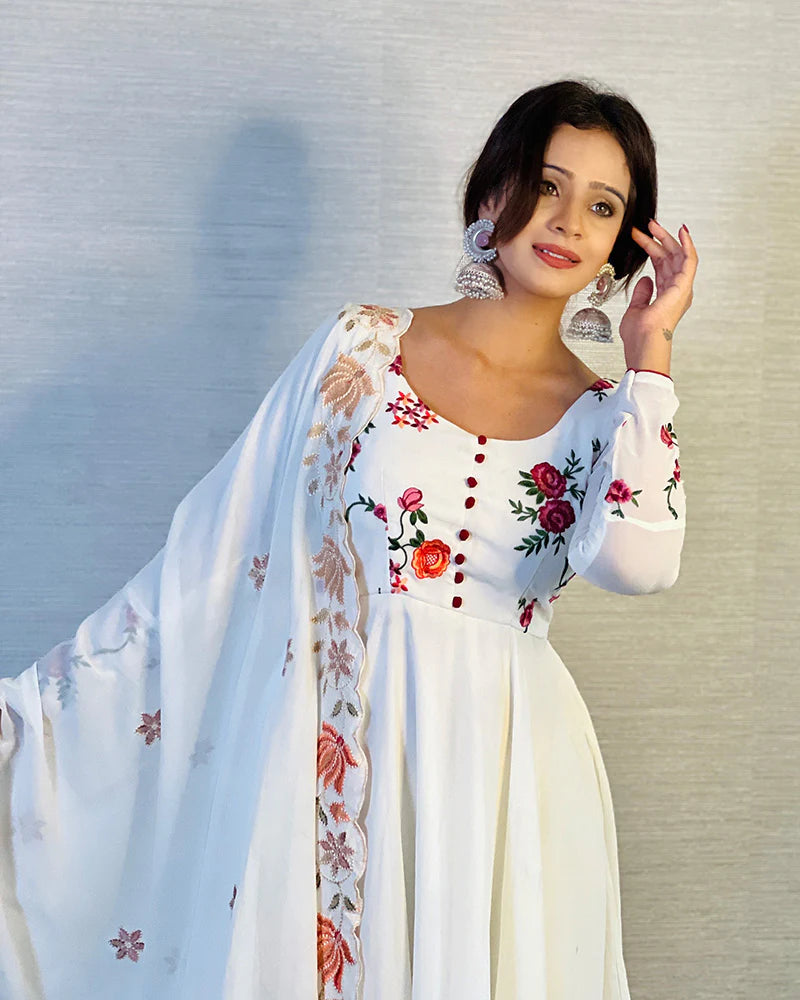 Off White Floral Soft Georgette Three Piece Anarkali Suit