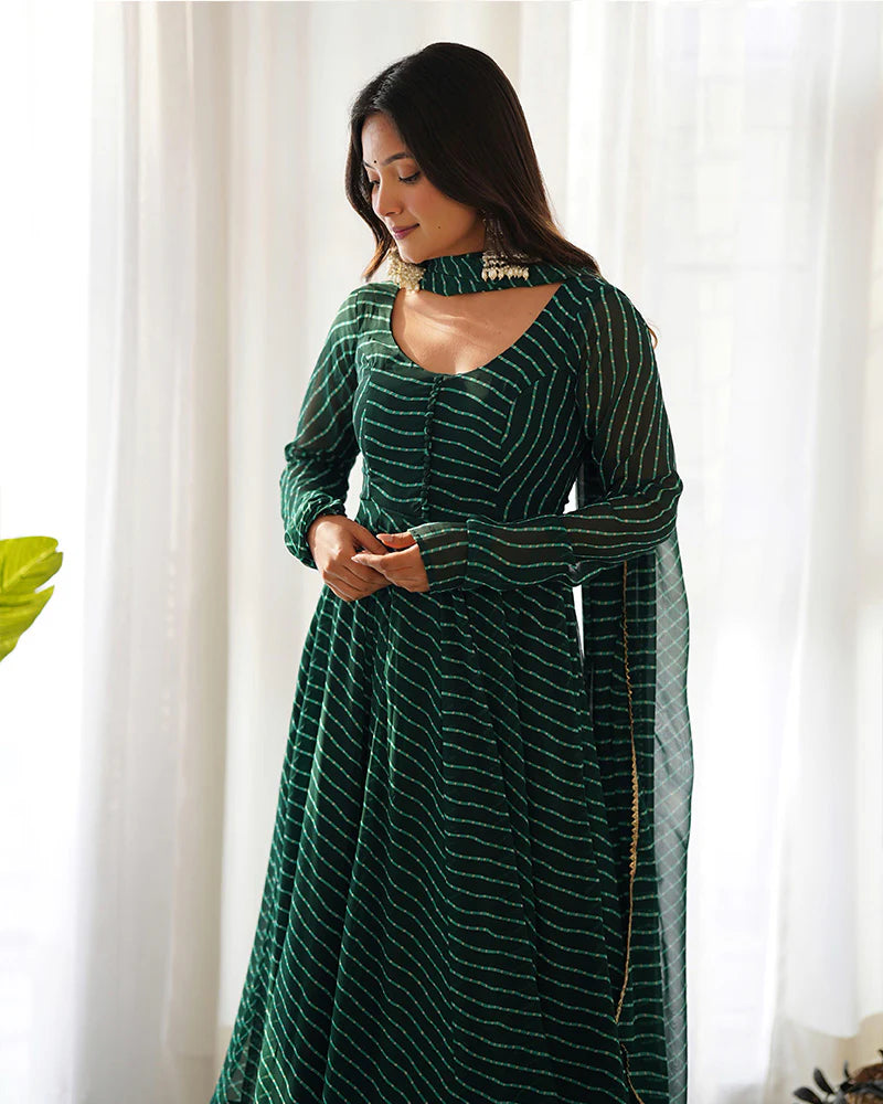 Green Color Laheriya Print Georgette Three Piece Anarkali Suit Regular price