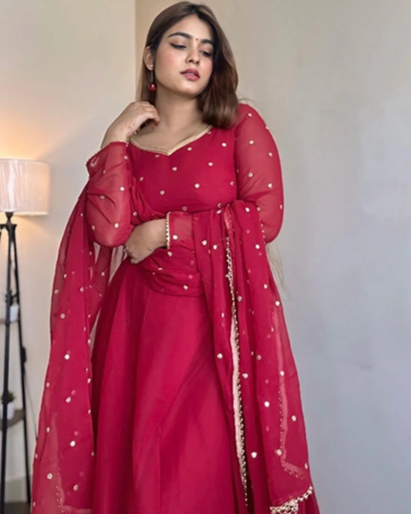 Red Color Georgette Anarkali Three Piece Suit