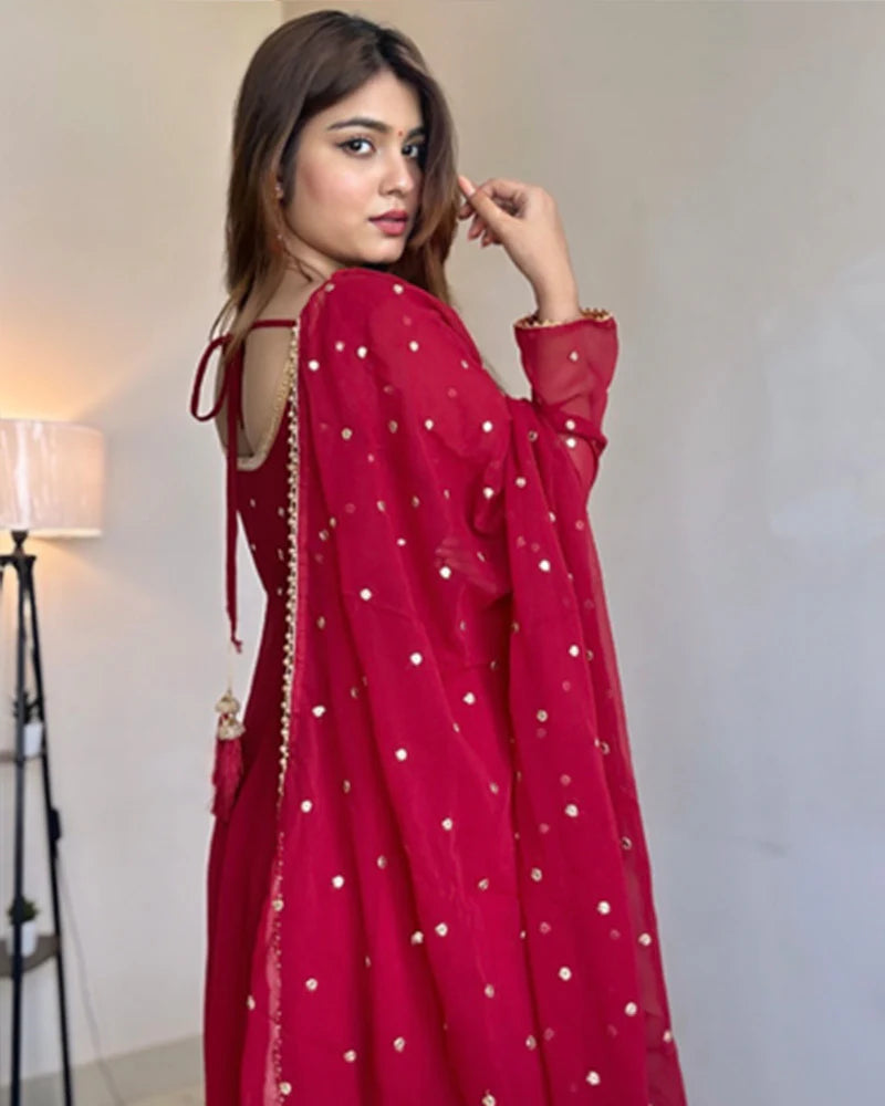 Red Color Georgette Anarkali Three Piece Suit