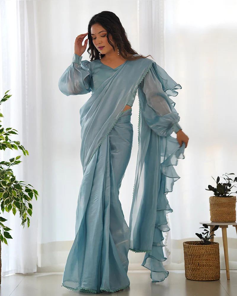 Sky Blue Color Jimmy Choo Pre Drapped Saree