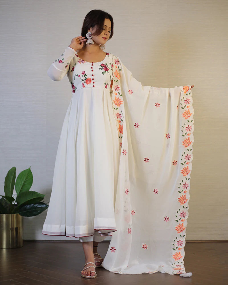 Off White Floral Soft Georgette Three Piece Anarkali Suit