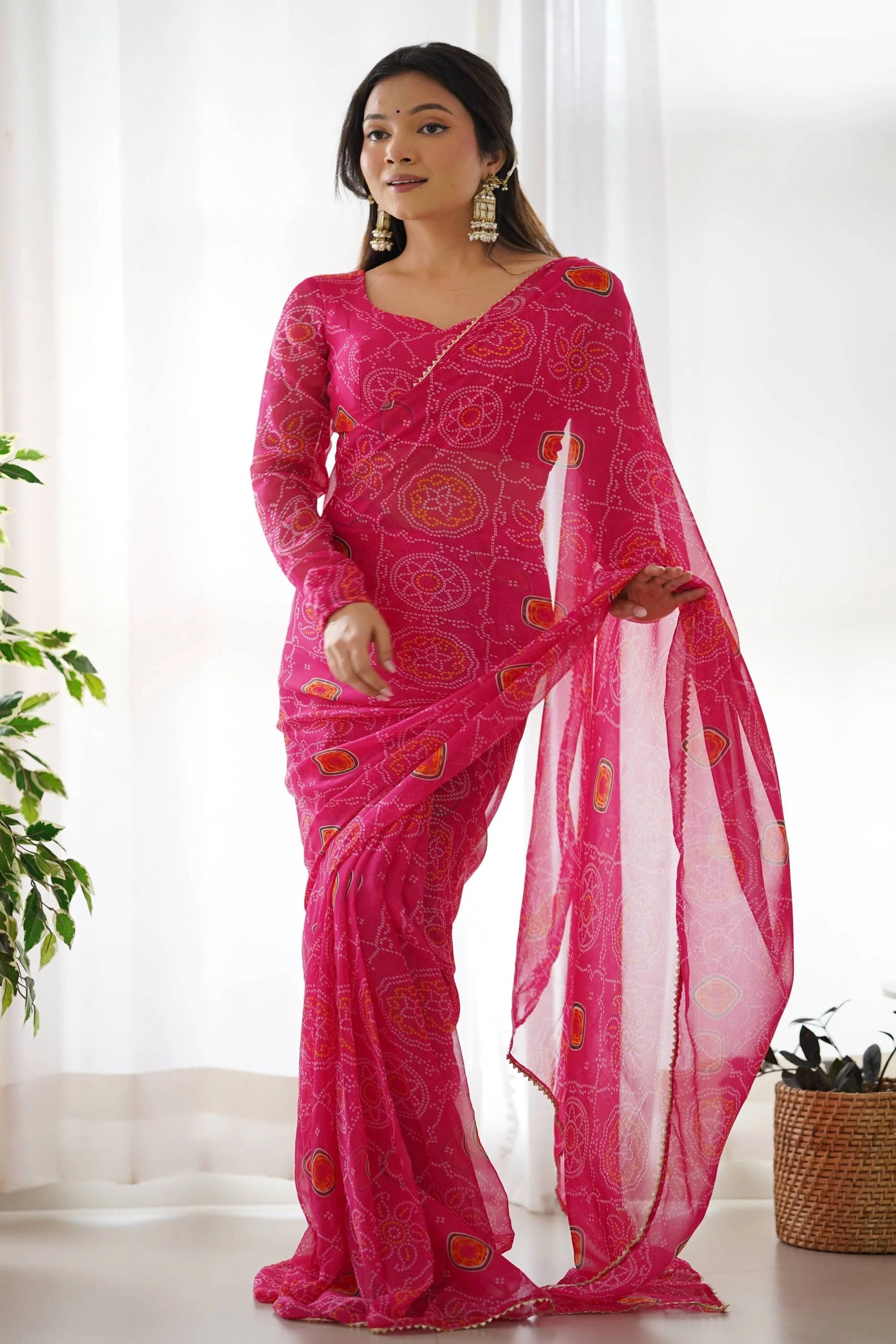 Upgrade your Wardrobe with our Exquisite Bandhej Pink Ready-to-Wear Saree