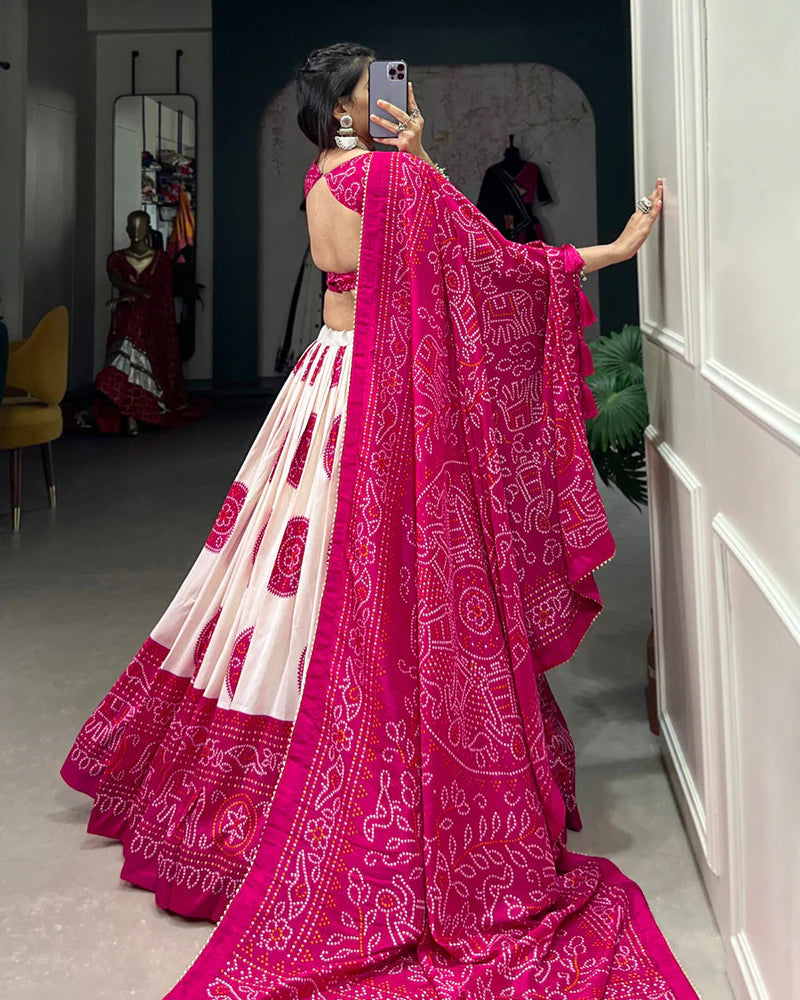 Pink Color Tussar Silk Bandhej Printed Lehenga Choli