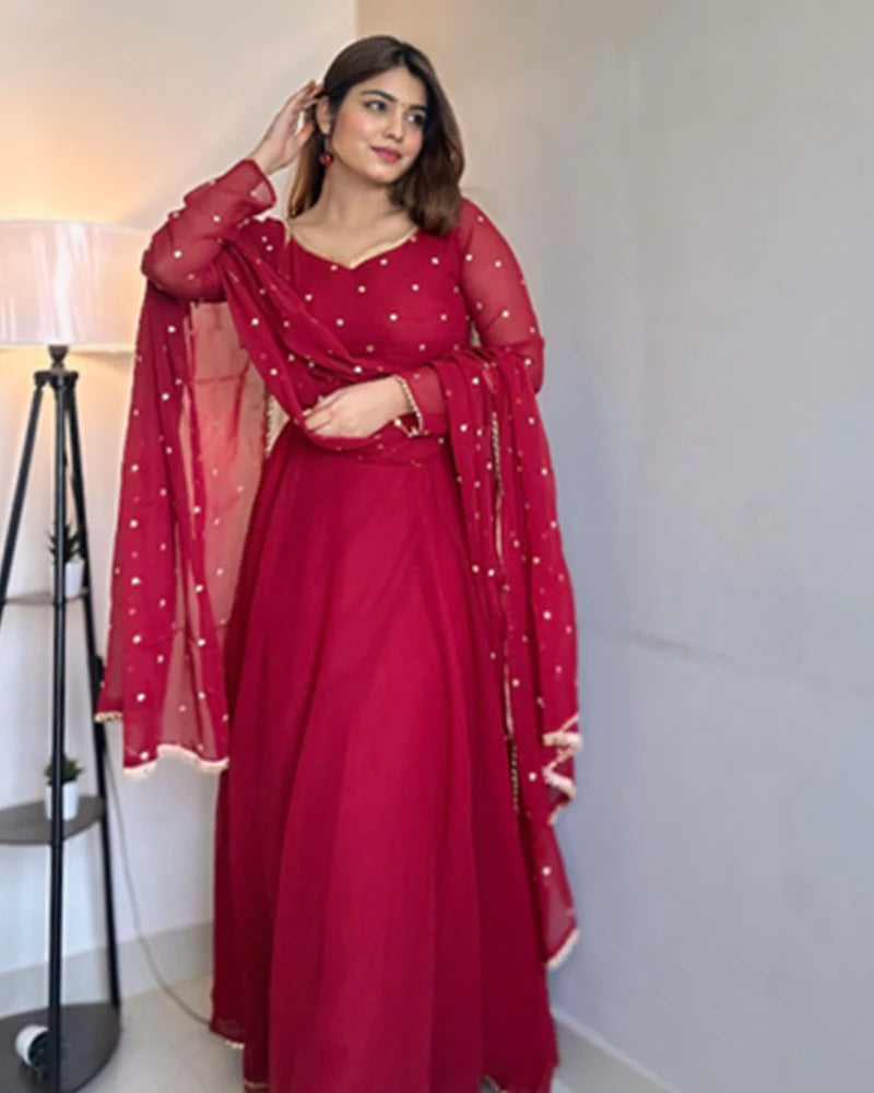 Red Color Georgette Anarkali Three Piece Suit