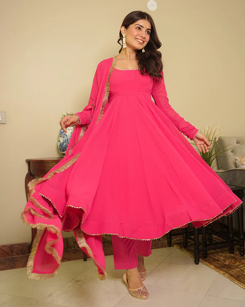 Rani Pink Color Georgette Three Piece Anarkali Suit