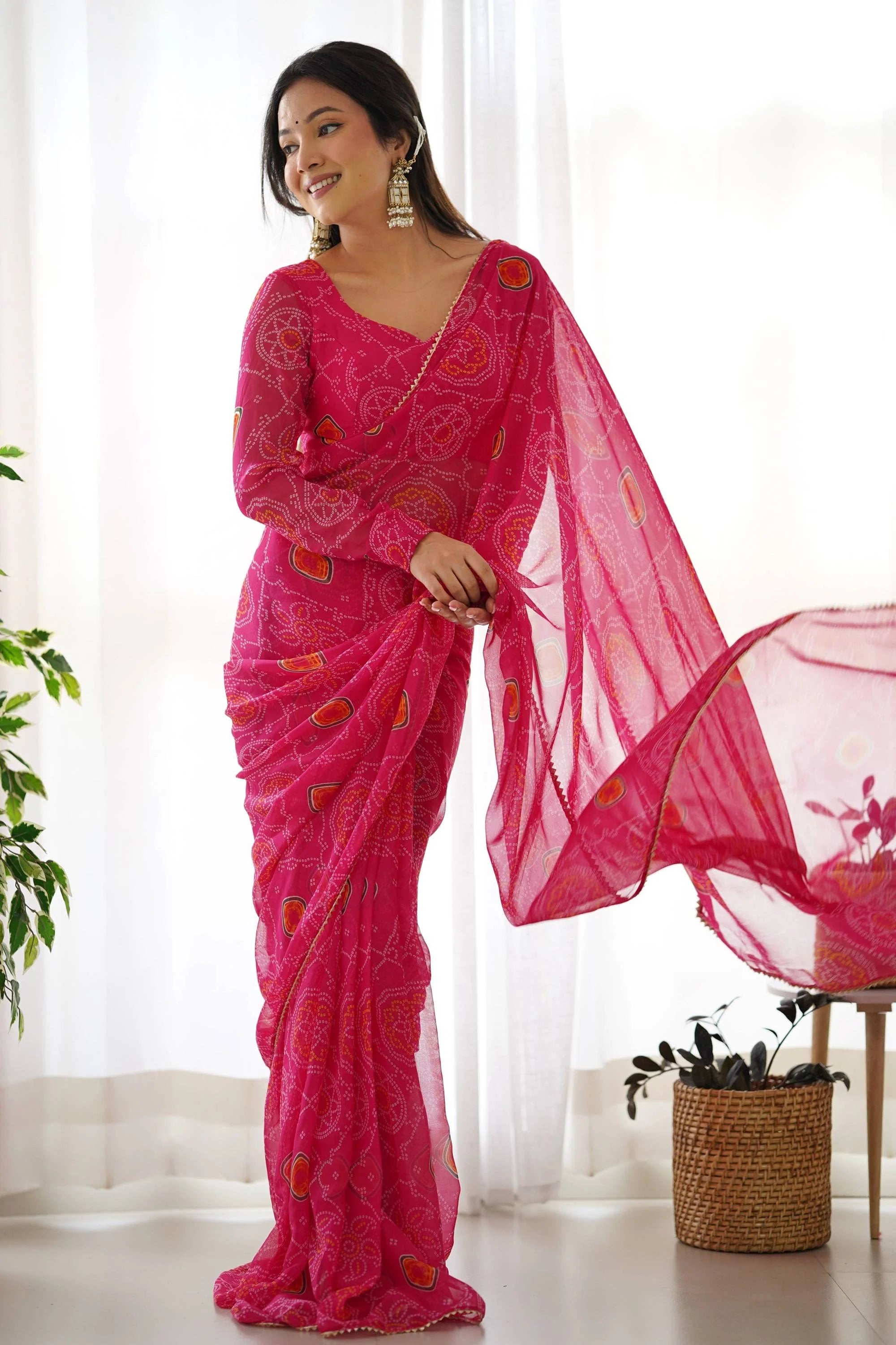 Upgrade your Wardrobe with our Exquisite Bandhej Pink Ready-to-Wear Saree