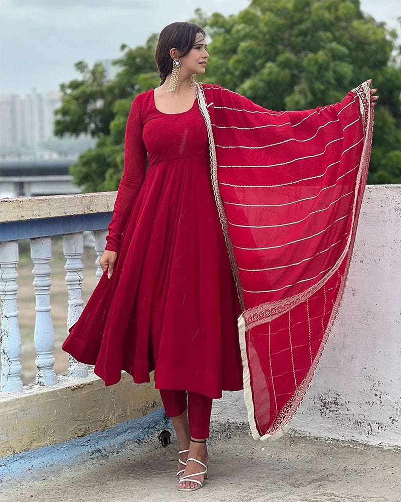 Maroon Color Georgette Anarkali With Embroidered Dupatta