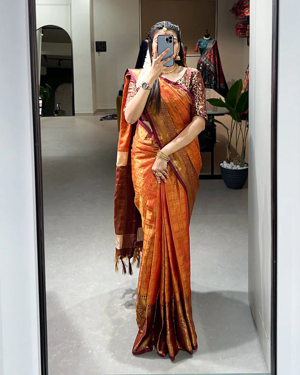 Designer Orange Color Kanjivaram Saree With Zari Work
