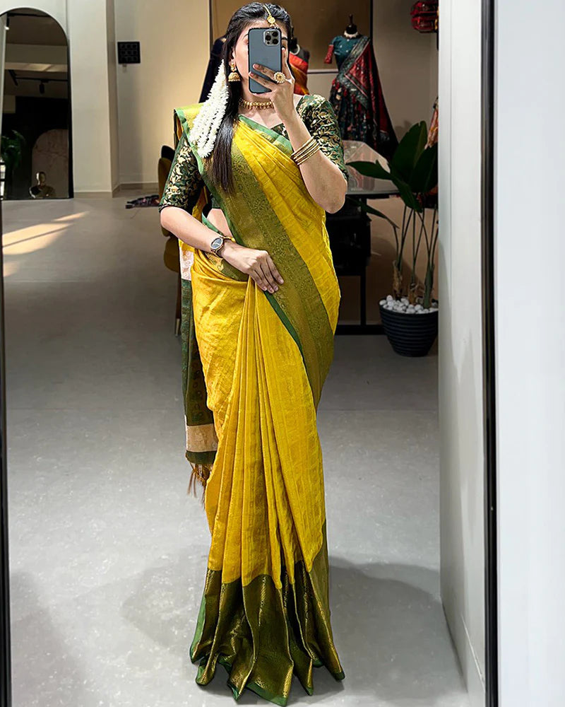 Designer Yellow Color Kanjivaram Saree With Zari Work