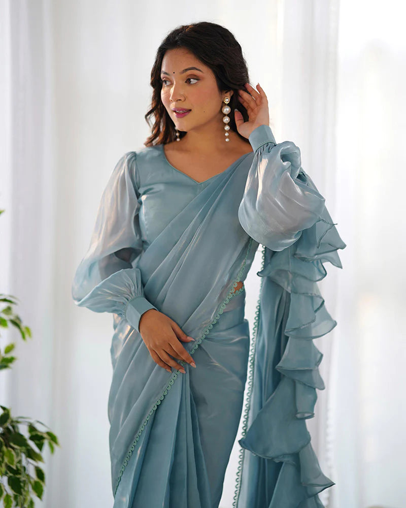 Sky Blue Color Jimmy Choo Pre Drapped Saree