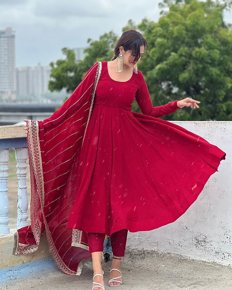 Maroon Color Georgette Anarkali With Embroidered Dupatta