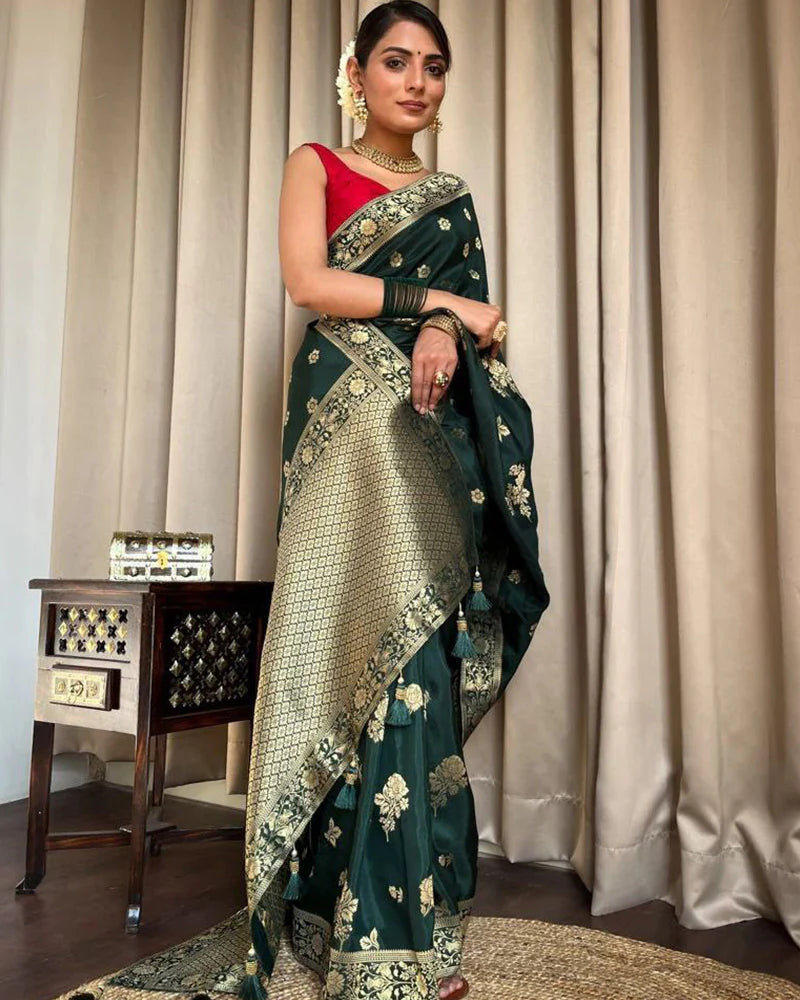 Dark Green Color Big Flower Design Banarasi Soft Silk Saree