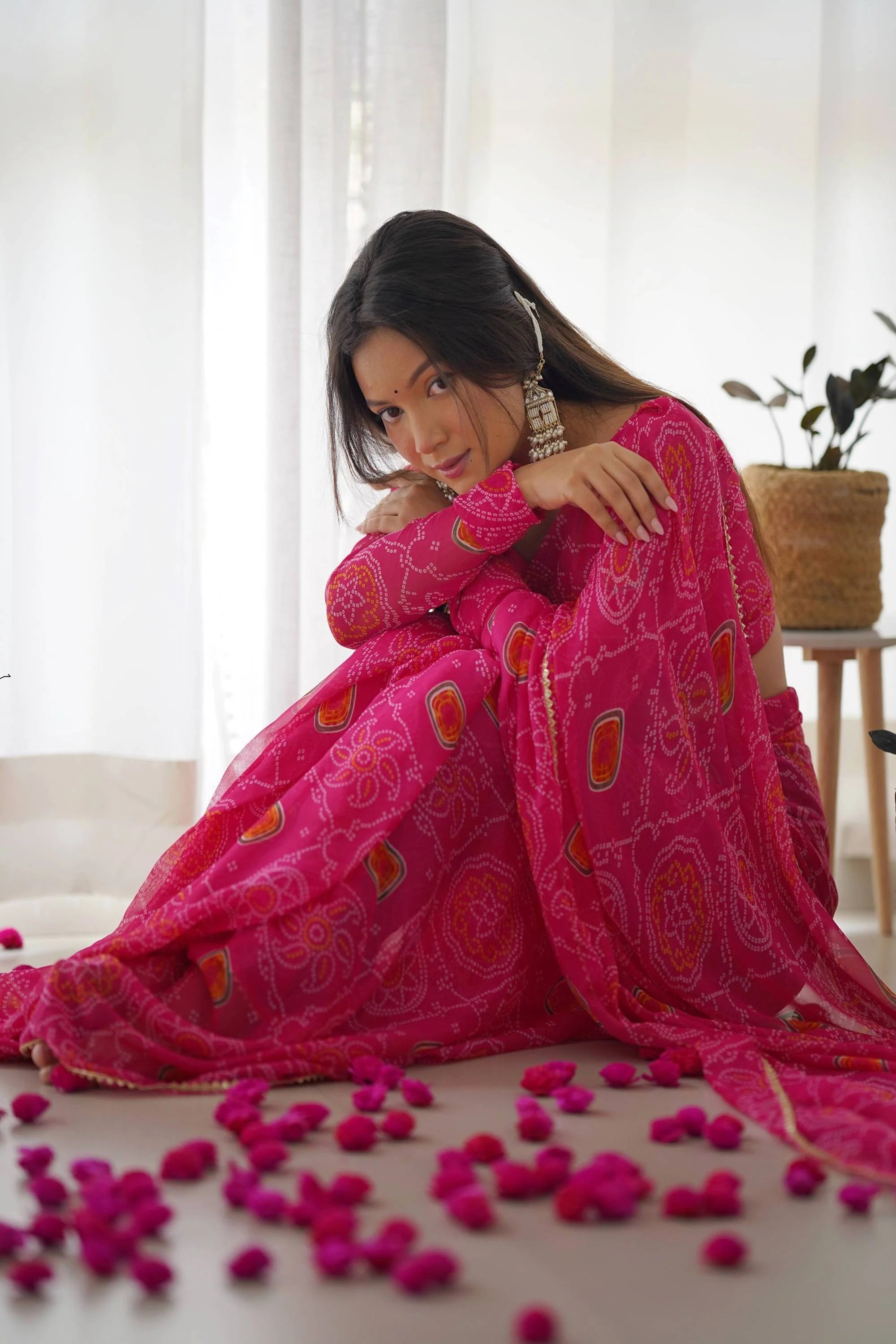 Upgrade your Wardrobe with our Exquisite Bandhej Pink Ready-to-Wear Saree