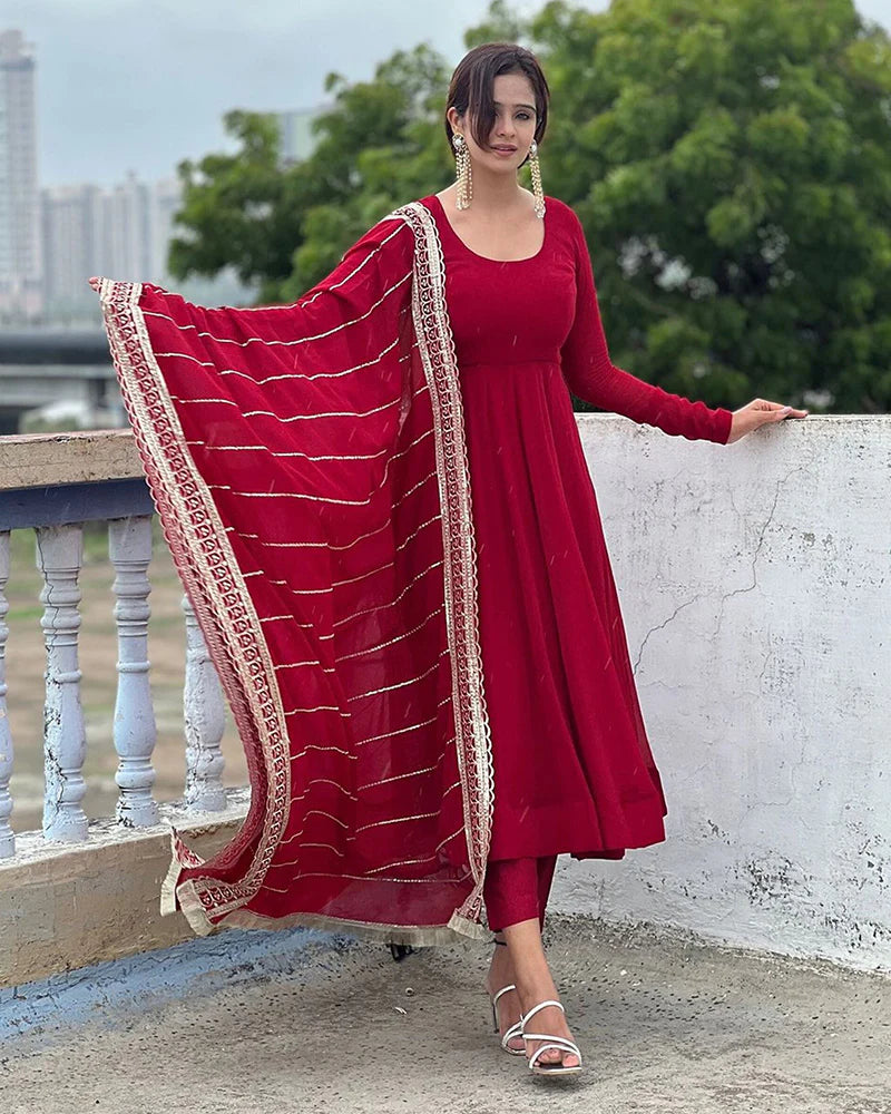 Maroon Color Georgette Anarkali With Embroidered Dupatta