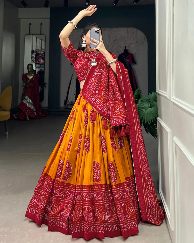 Mustard Color Tussar Silk Bandhej Printed Lehenga Choli