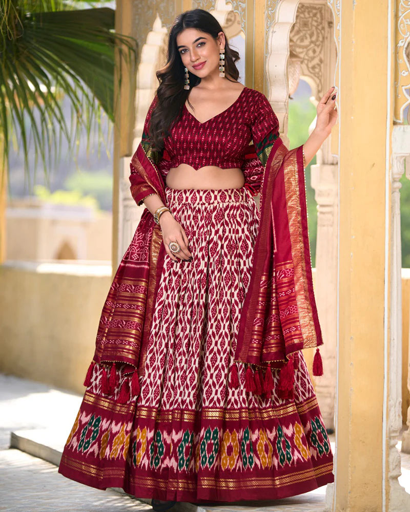 Maroon Color Tussar Silk Ikkat Printed Lehenga Choli