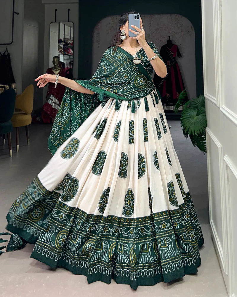 Green Color Tussar Silk Bandhej Printed Lehenga Choli