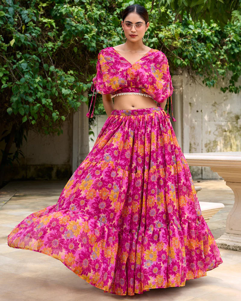 Pink Color Chiffon Printed Crop Top Lehenga Choli