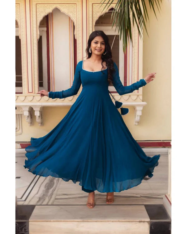 EYE CATCHING REGAL BLUE GEORGETTE BASE ANARKALI SUIT SET OF 3