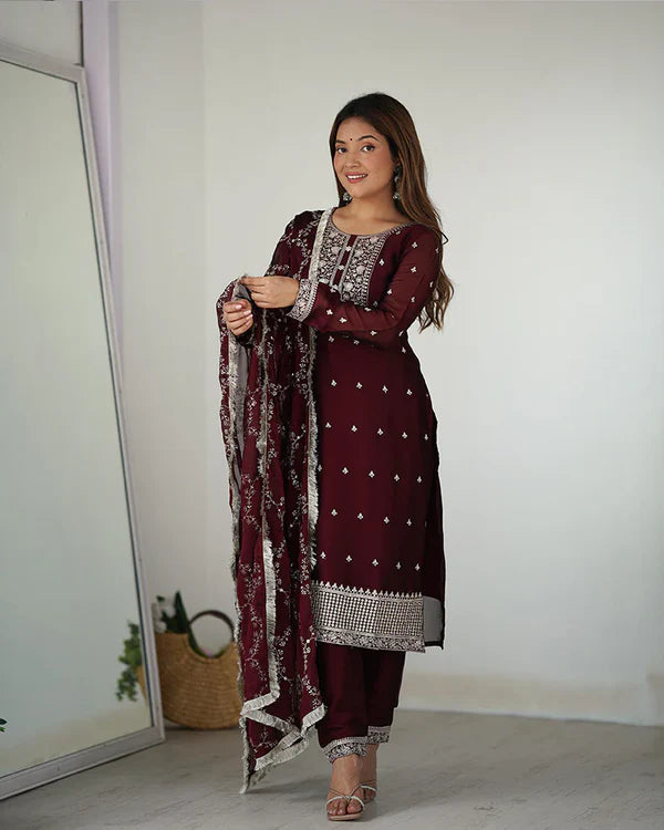 MAROON COLOR RANGOLI SILK THREE PIECE KURTI SUIT