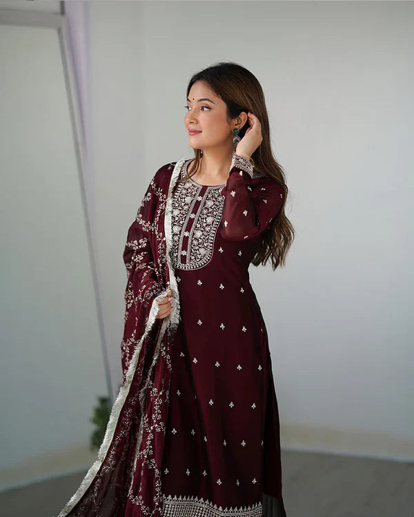 MAROON COLOR RANGOLI SILK THREE PIECE KURTI SUIT