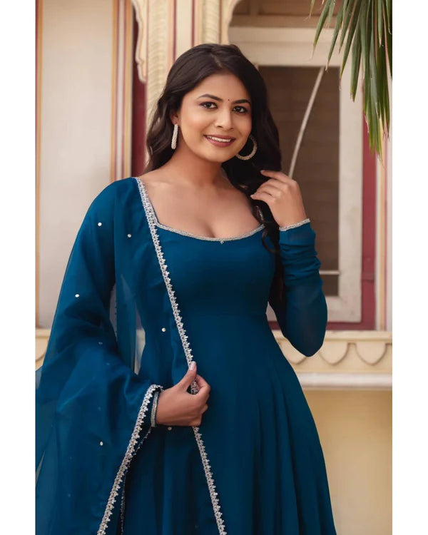 EYE CATCHING REGAL BLUE GEORGETTE BASE ANARKALI SUIT SET OF 3