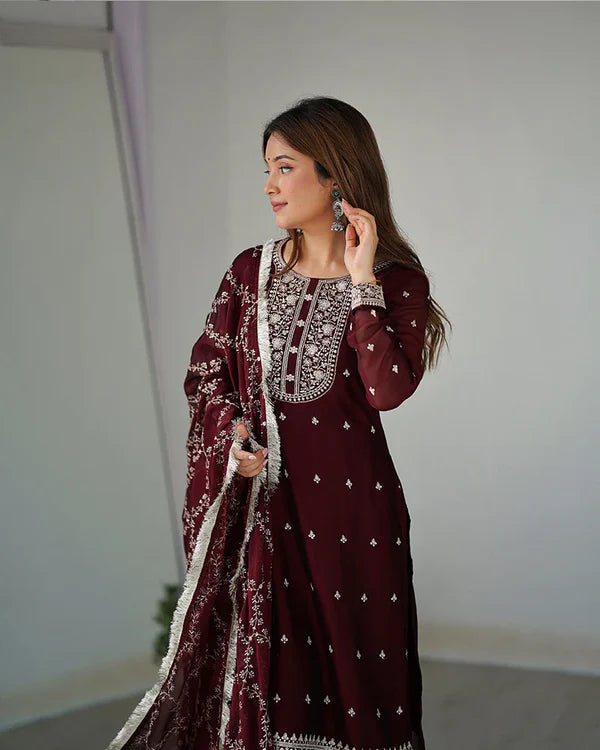 MAROON COLOR RANGOLI SILK THREE PIECE KURTI SUIT