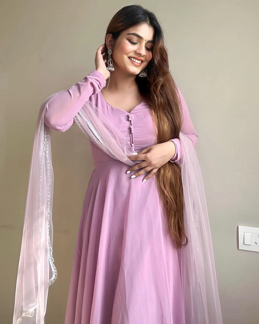 Kanak Mishra in Onion Colour Anarkali Three Piece Suit