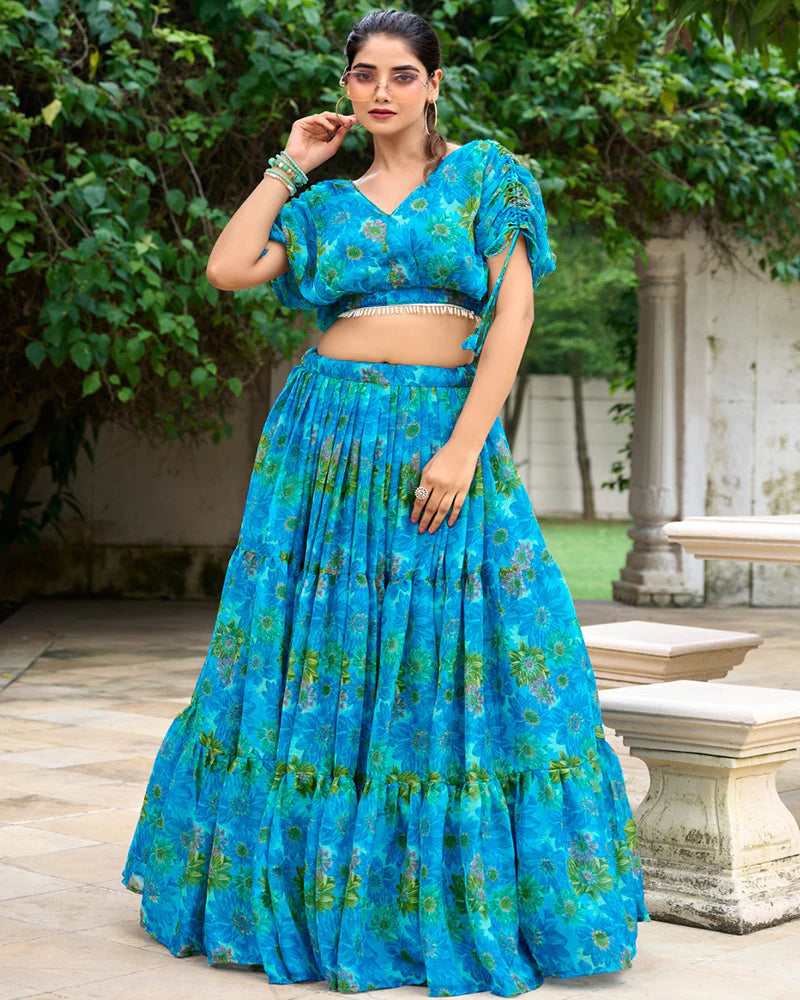 Sky Blue Color Chiffon Printed Crop Top Lehenga Choli