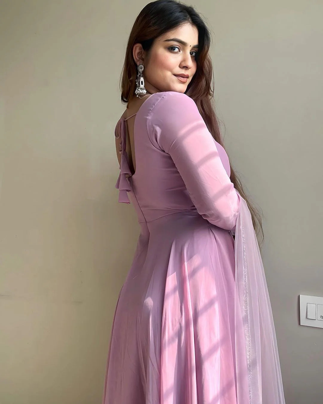 Kanak Mishra in Onion Colour Anarkali Three Piece Suit