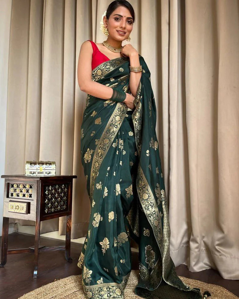 Dark Green Color Big Flower Design Banarasi Soft Silk Saree