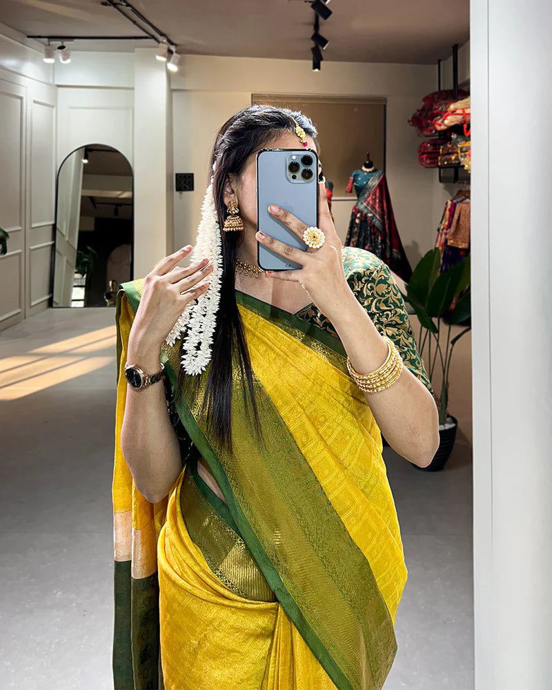 Designer Yellow Color Kanjivaram Saree With Zari Work