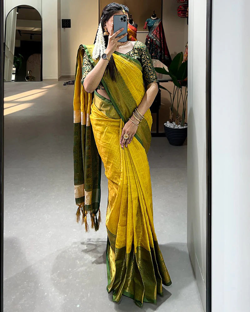 Designer Yellow Color Kanjivaram Saree With Zari Work