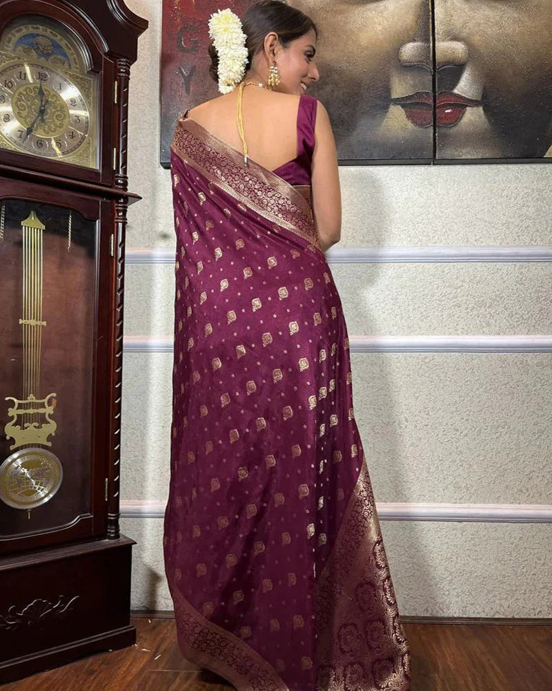 Wine Color Small Butti Design Banarasi Soft Silk Saree