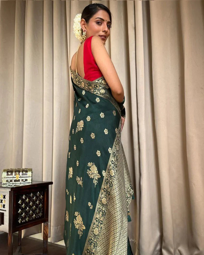 Dark Green Color Big Flower Design Banarasi Soft Silk Saree