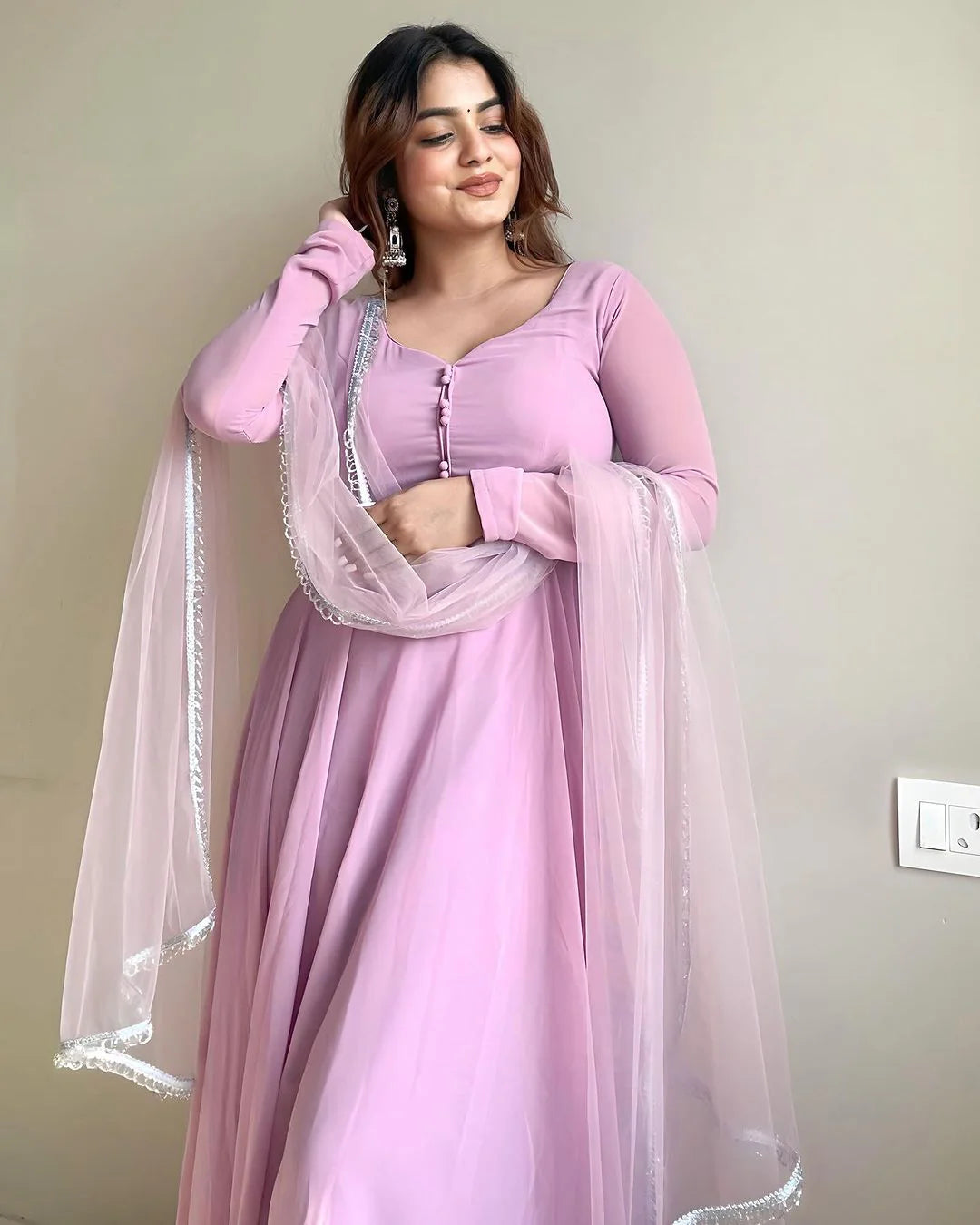 Kanak Mishra in Onion Colour Anarkali Three Piece Suit