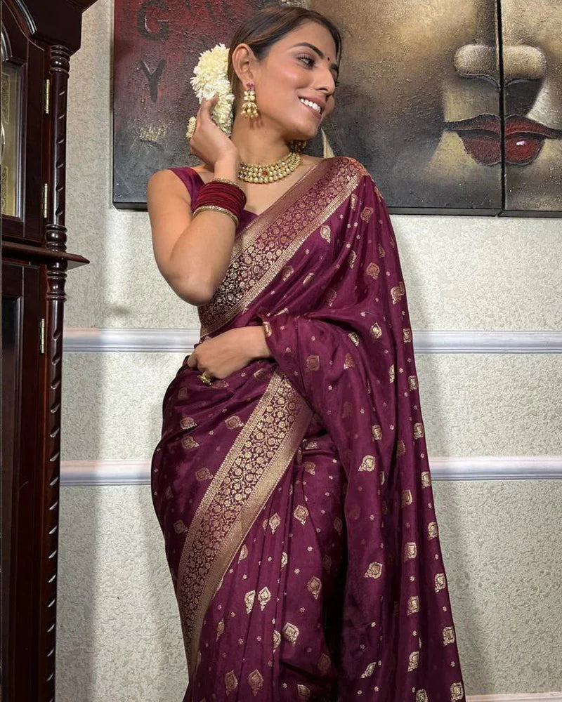 Wine Color Small Butti Design Banarasi Soft Silk Saree