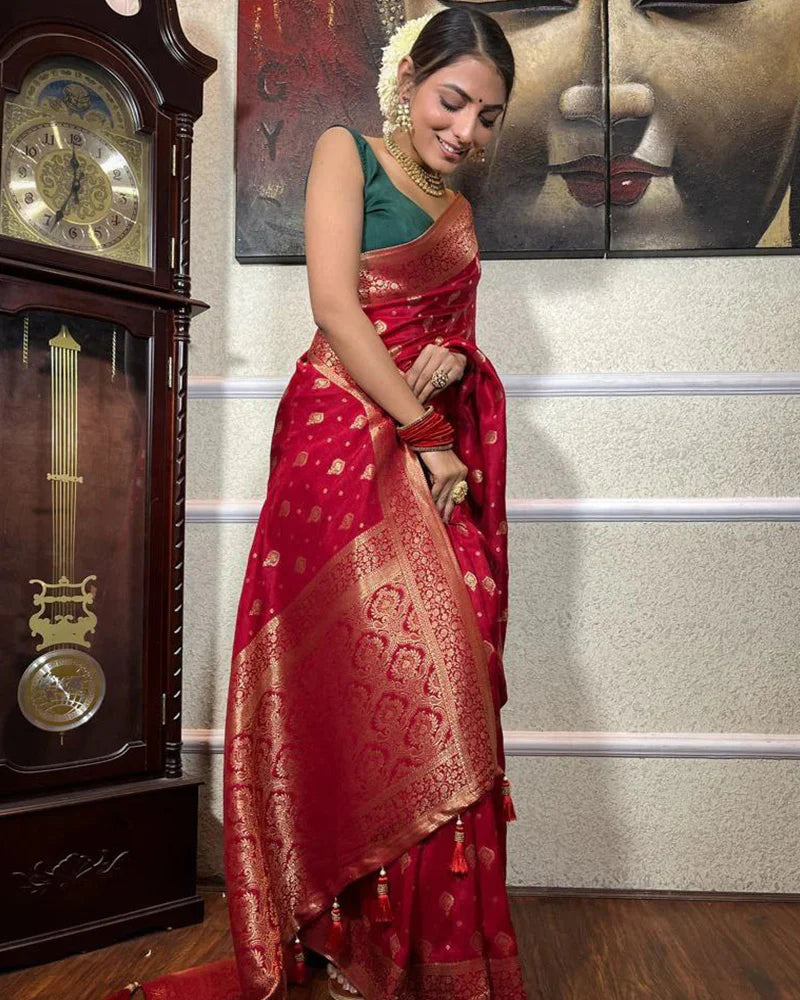 Red Color Small Butti Design Banarasi Soft Silk Saree