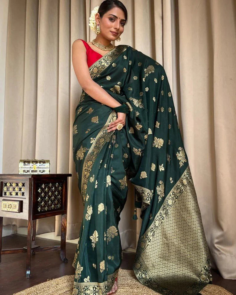 Dark Green Color Big Flower Design Banarasi Soft Silk Saree