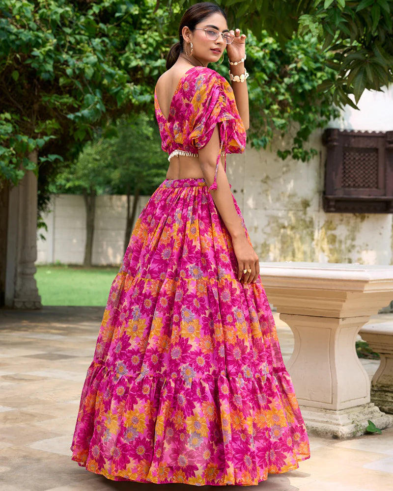 Pink Color Chiffon Printed Crop Top Lehenga Choli