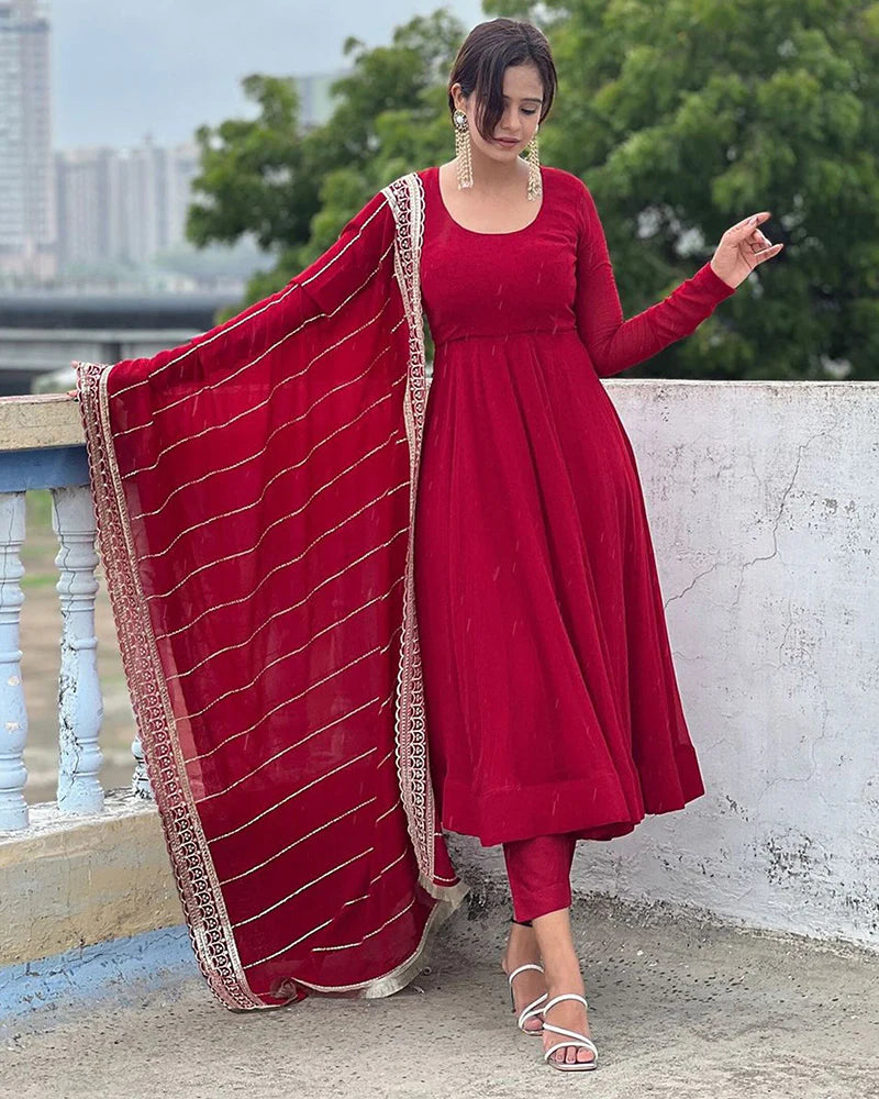 Maroon Color Georgette Anarkali With Embroidered Dupatta