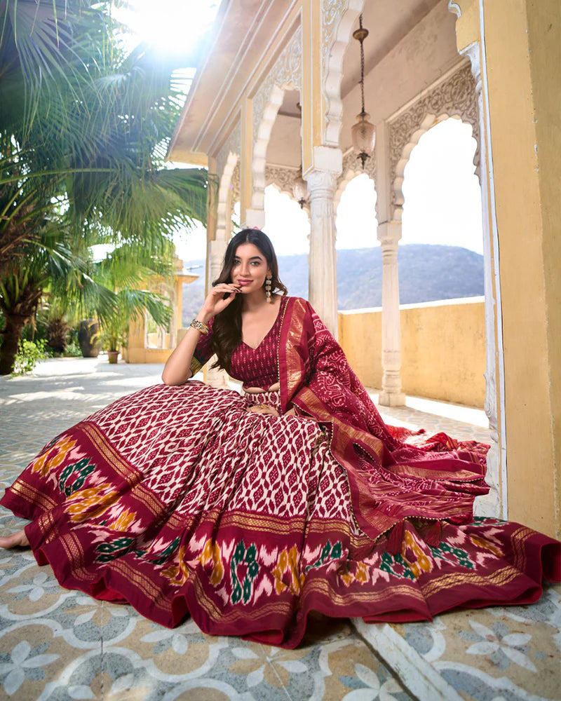 Maroon Color Tussar Silk Ikkat Printed Lehenga Choli