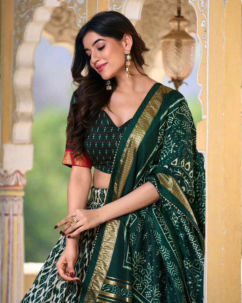 Green Color Tussar Silk Ikkat Printed Lehenga Choli