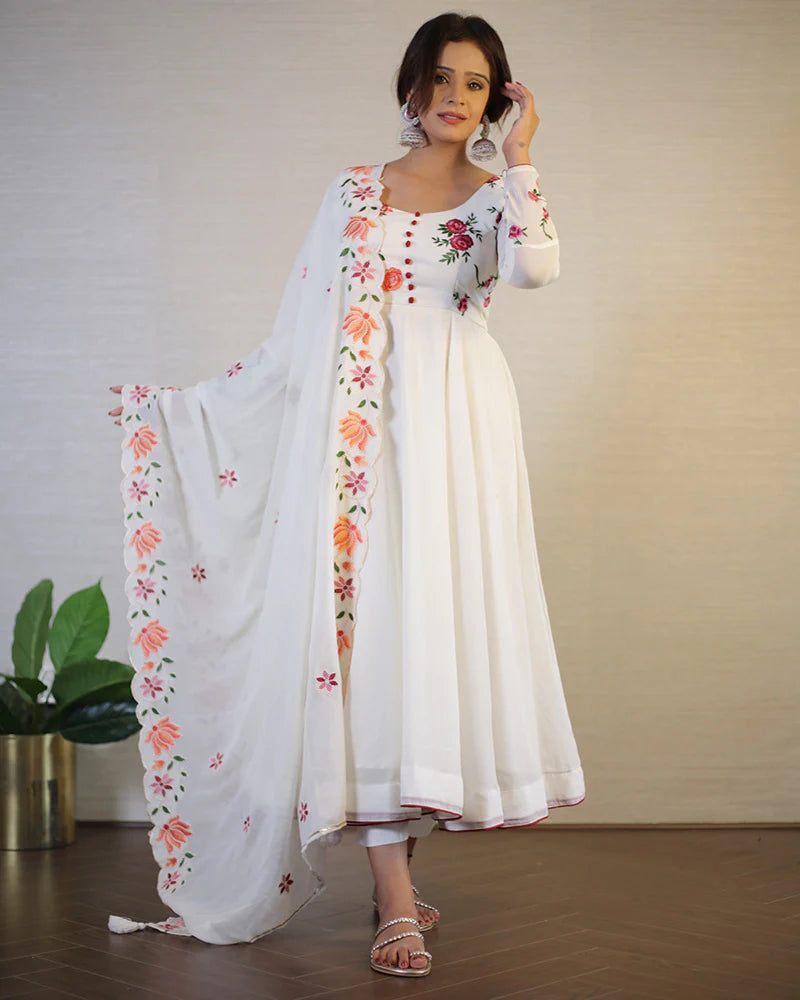 Off White Floral Soft Georgette Three Piece Anarkali Suit